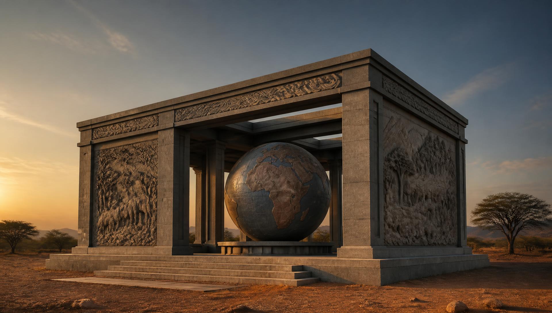 Concept render of the Mother Earth Monument: a granite pavilion sheltering a carved stone Earth